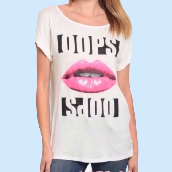 Tops - ❌DONATED❌Ivory Off White Graphic “Oops” Lips Print Tee Top